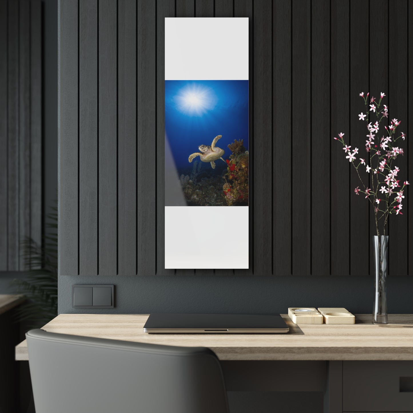 Acrylic Wall Art - Hawksbill Turtle Swims Along The Coral Reef With Ample Sunshine Above - Grand Cayman
