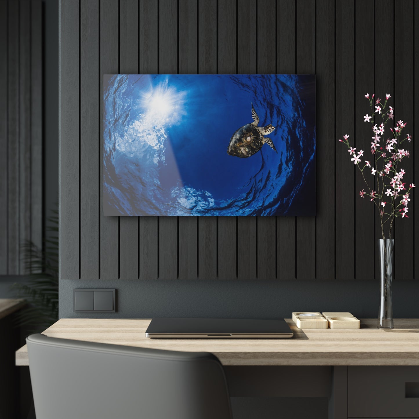 Acrylic Wall Art - Hawksbill Turtle In The Sky Blue Ocean - Grand Cayman