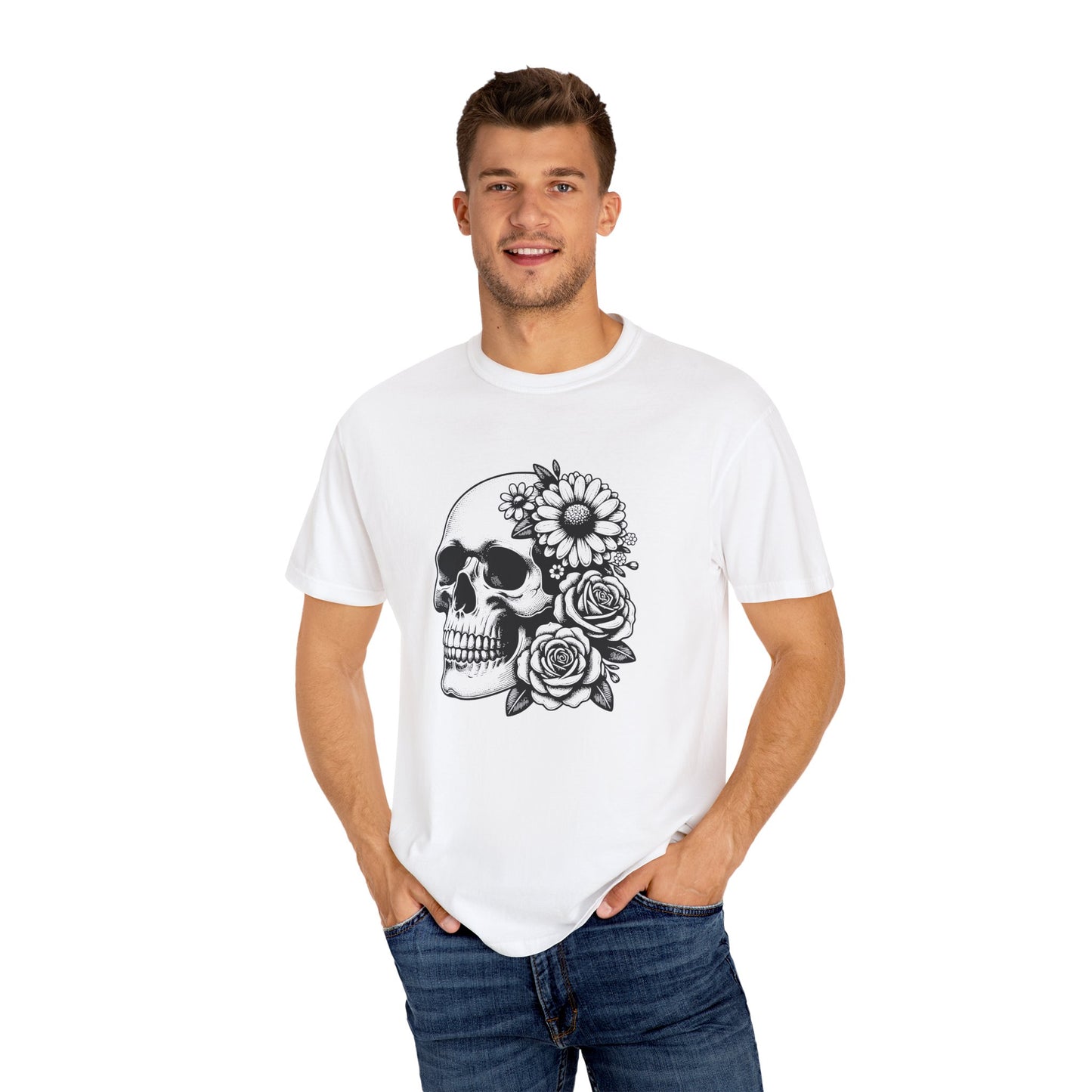 Big Flowers Skull T-Shirt | Unisex Garment-Dyed Tee | Stylish Island Vibe