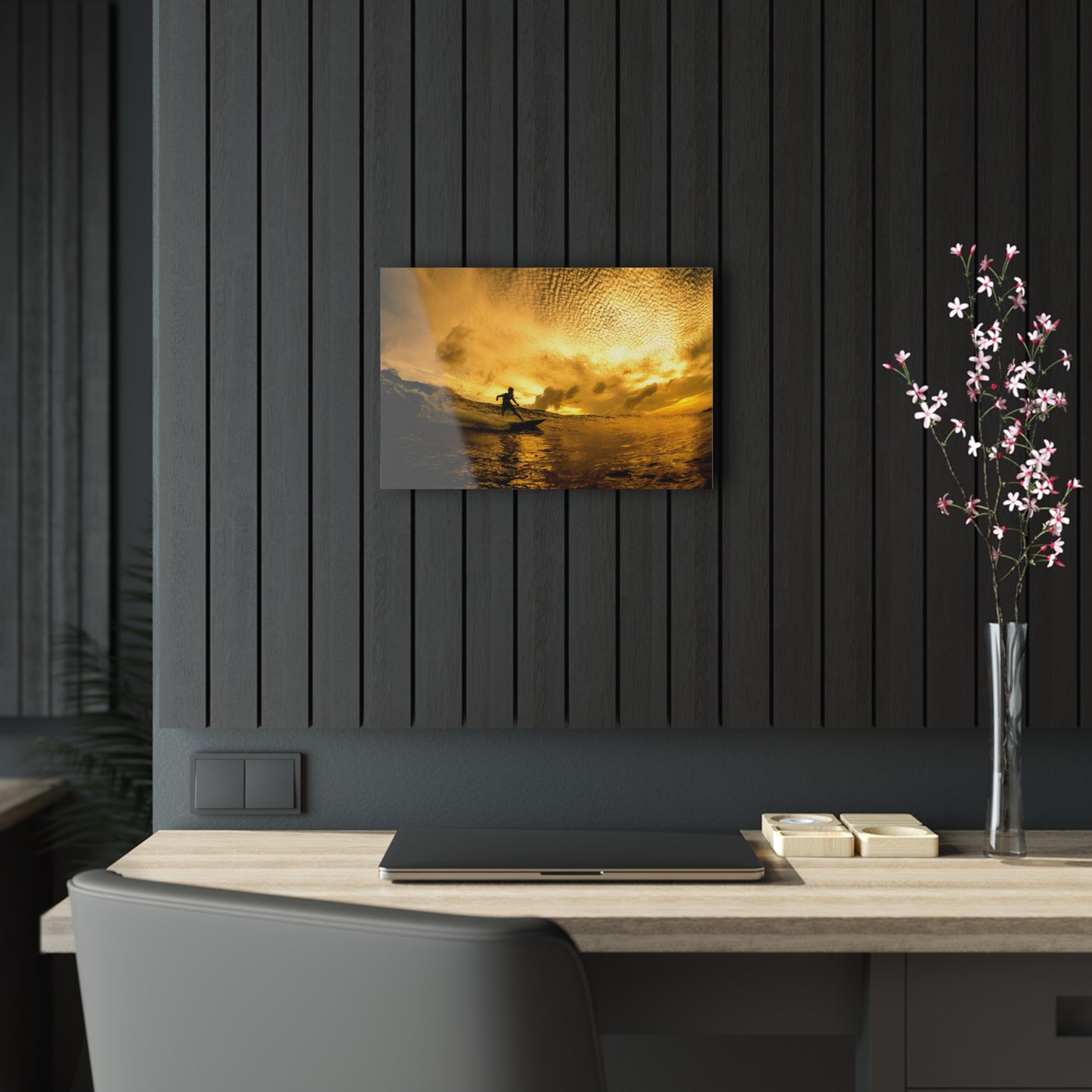 Acrylic Wall Art: Local Surfer Takes a Line on a Wave into the Sunset