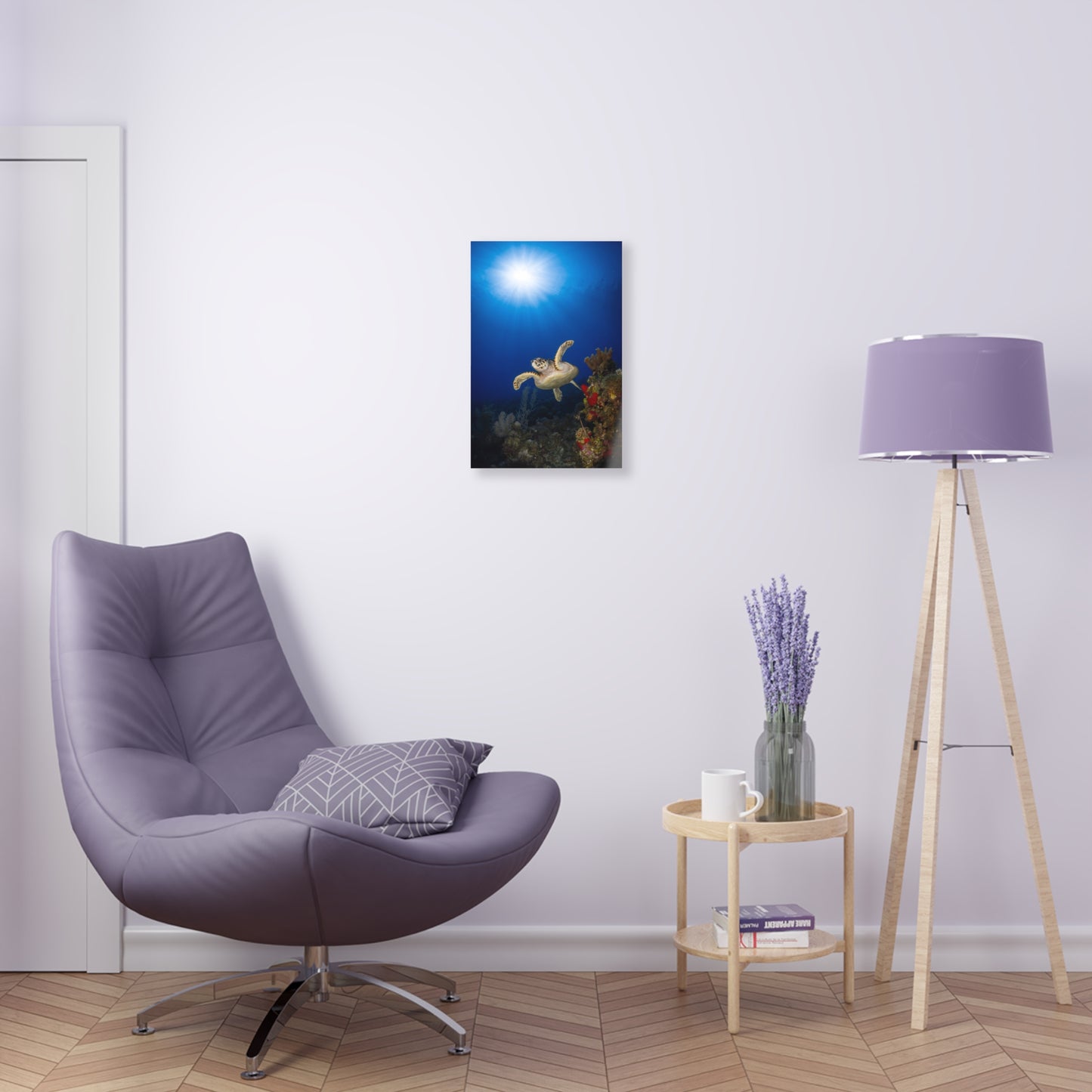 Acrylic Wall Art - Hawksbill Turtle Swims Along The Coral Reef With Ample Sunshine Above - Grand Cayman