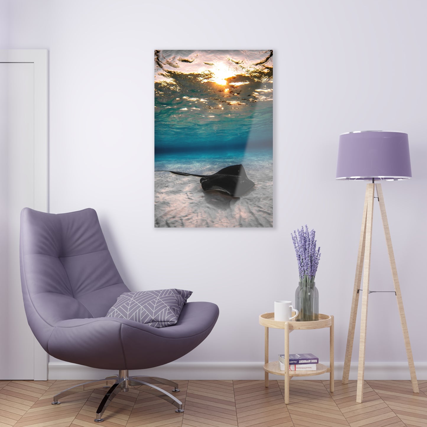Acrylic Wall Art - A Southern Atlantic Stingray Swimming A Sunrise - Grand Cayman
