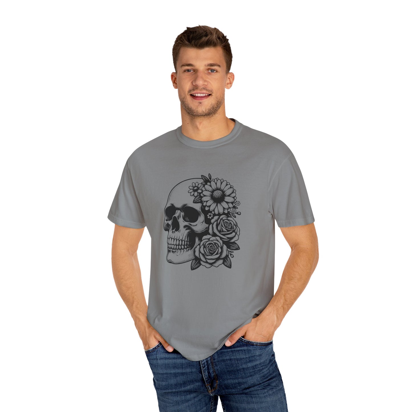 Big Flowers Skull T-Shirt | Unisex Garment-Dyed Tee | Stylish Island Vibe