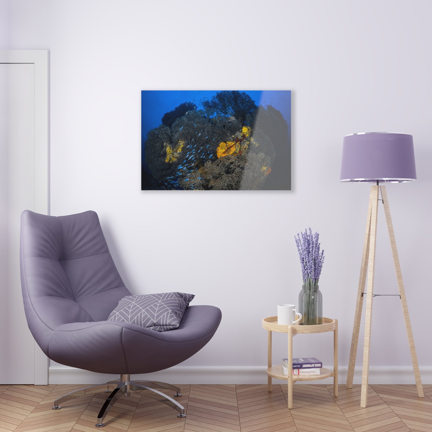 Acrylic Wall Art - Schooling Fish Flow Across a Massive Coral Head