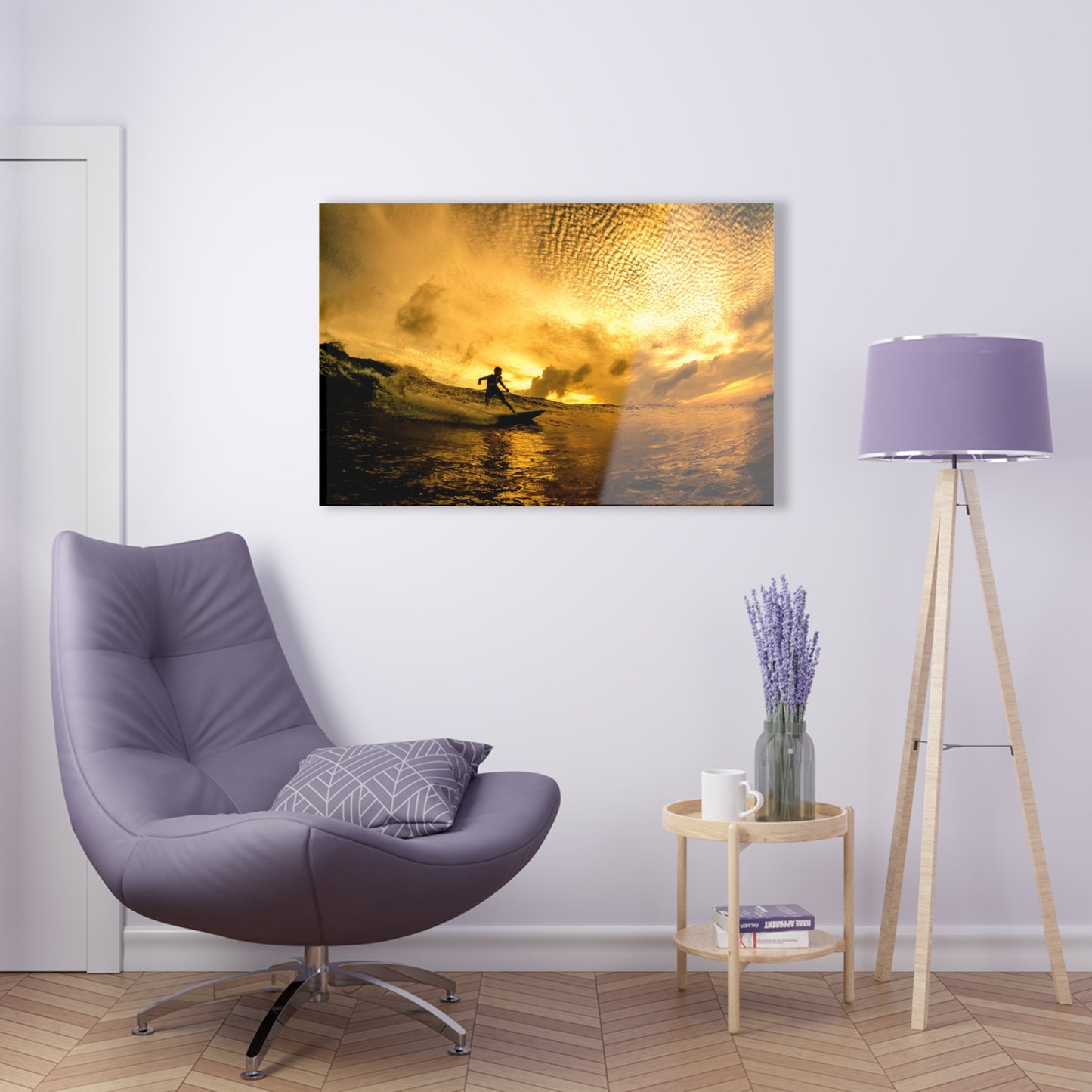 Acrylic Wall Art: Local Surfer Takes a Line on a Wave into the Sunset