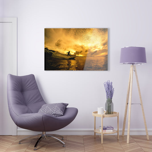 Acrylic Wall Art: Local Surfer Takes a Line on a Wave into the Sunset