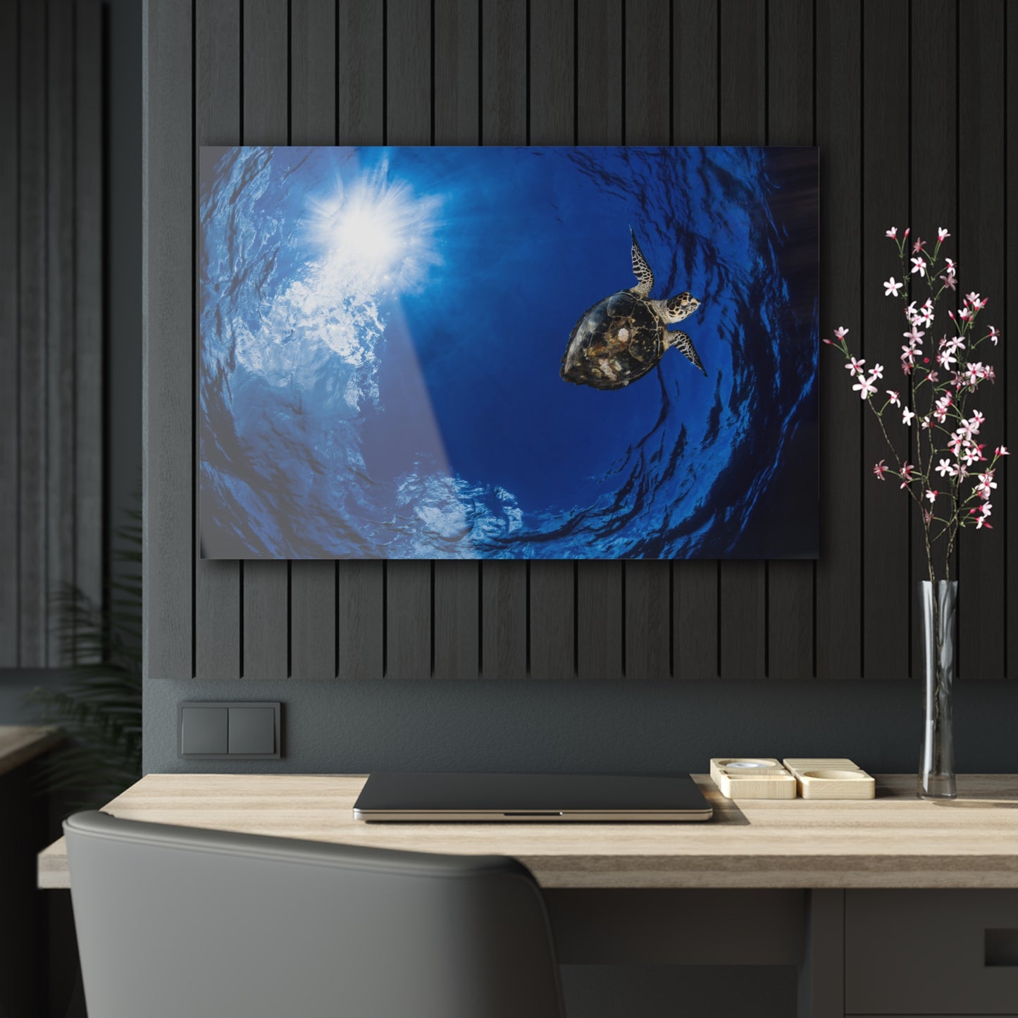 Acrylic Wall Art - Hawksbill Turtle In The Sky Blue Ocean - Grand Cayman