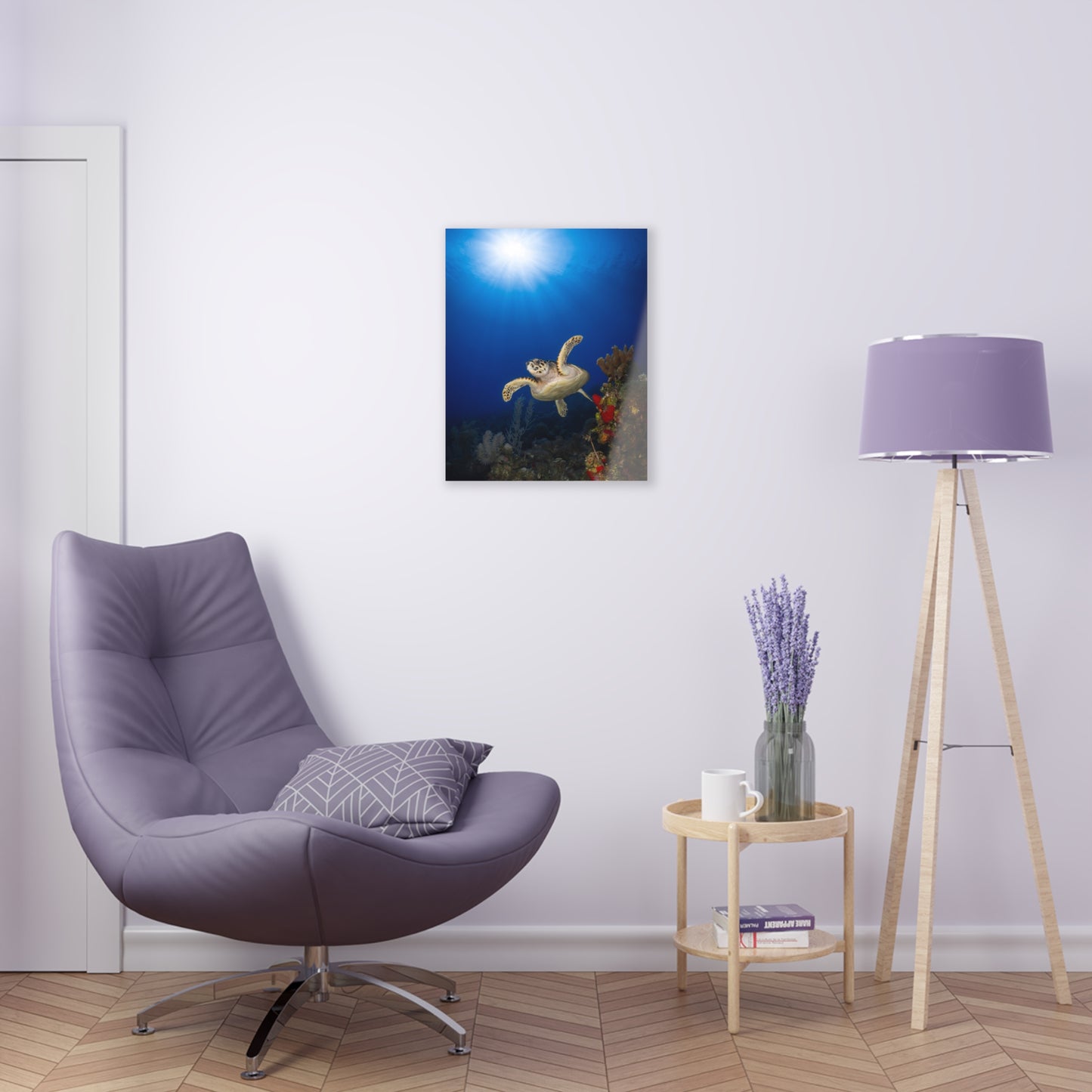 Acrylic Wall Art - Hawksbill Turtle Swims Along The Coral Reef With Ample Sunshine Above - Grand Cayman