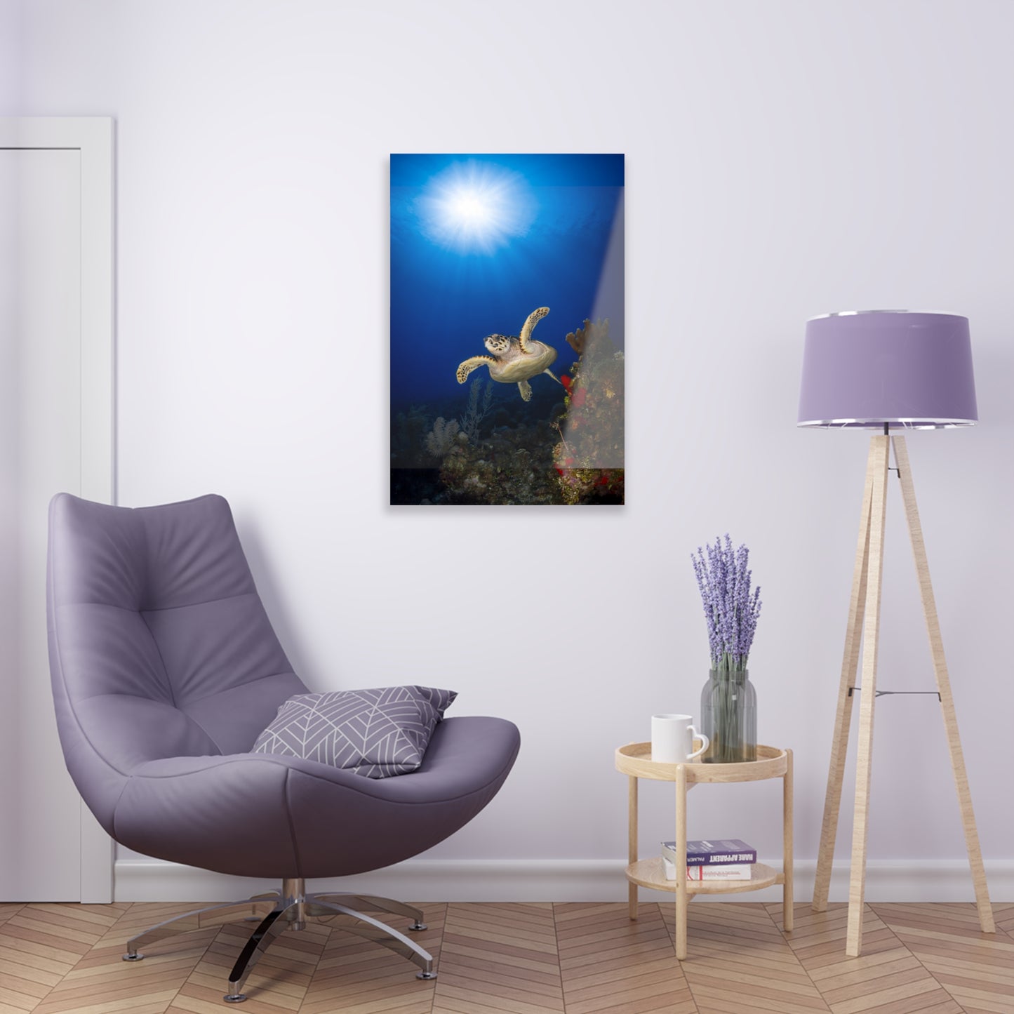 Acrylic Wall Art - Hawksbill Turtle Swims Along The Coral Reef With Ample Sunshine Above - Grand Cayman