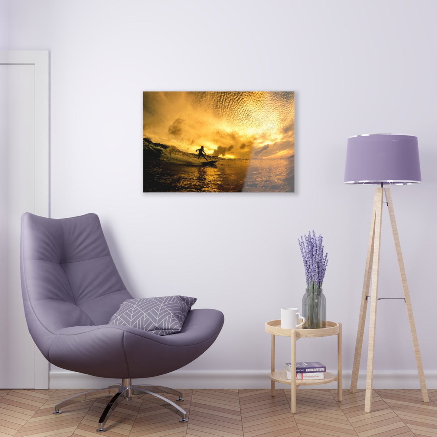 Acrylic Wall Art: Local Surfer Takes a Line on a Wave into the Sunset
