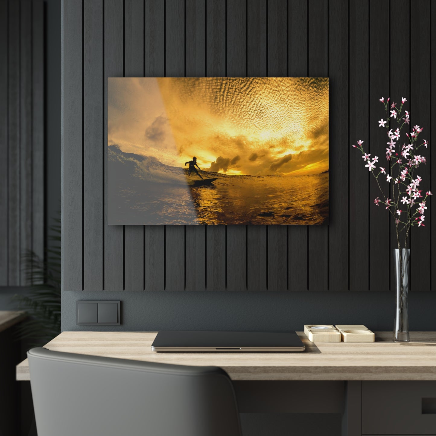 Acrylic Wall Art: Local Surfer Takes a Line on a Wave into the Sunset