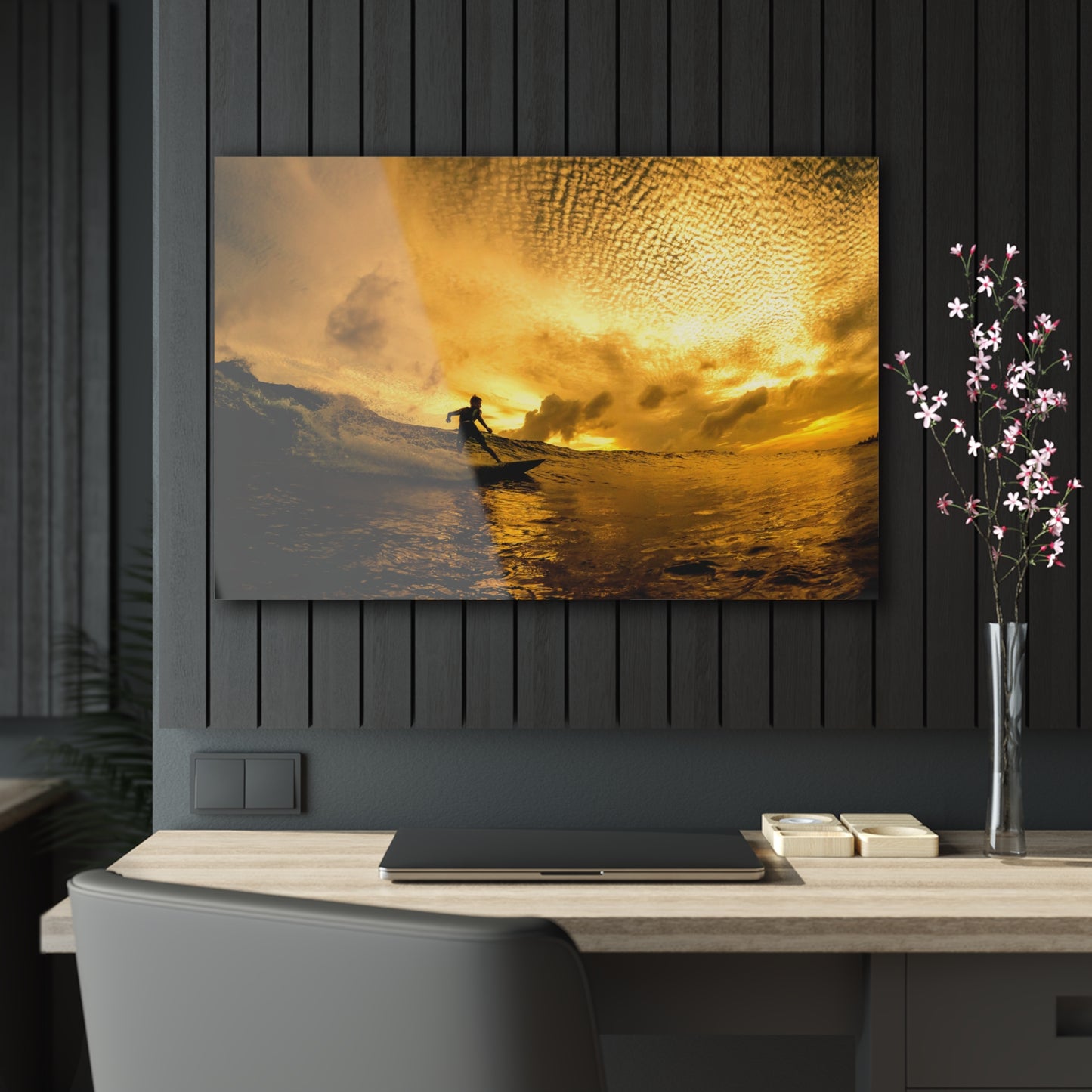 Acrylic Wall Art: Local Surfer Takes a Line on a Wave into the Sunset