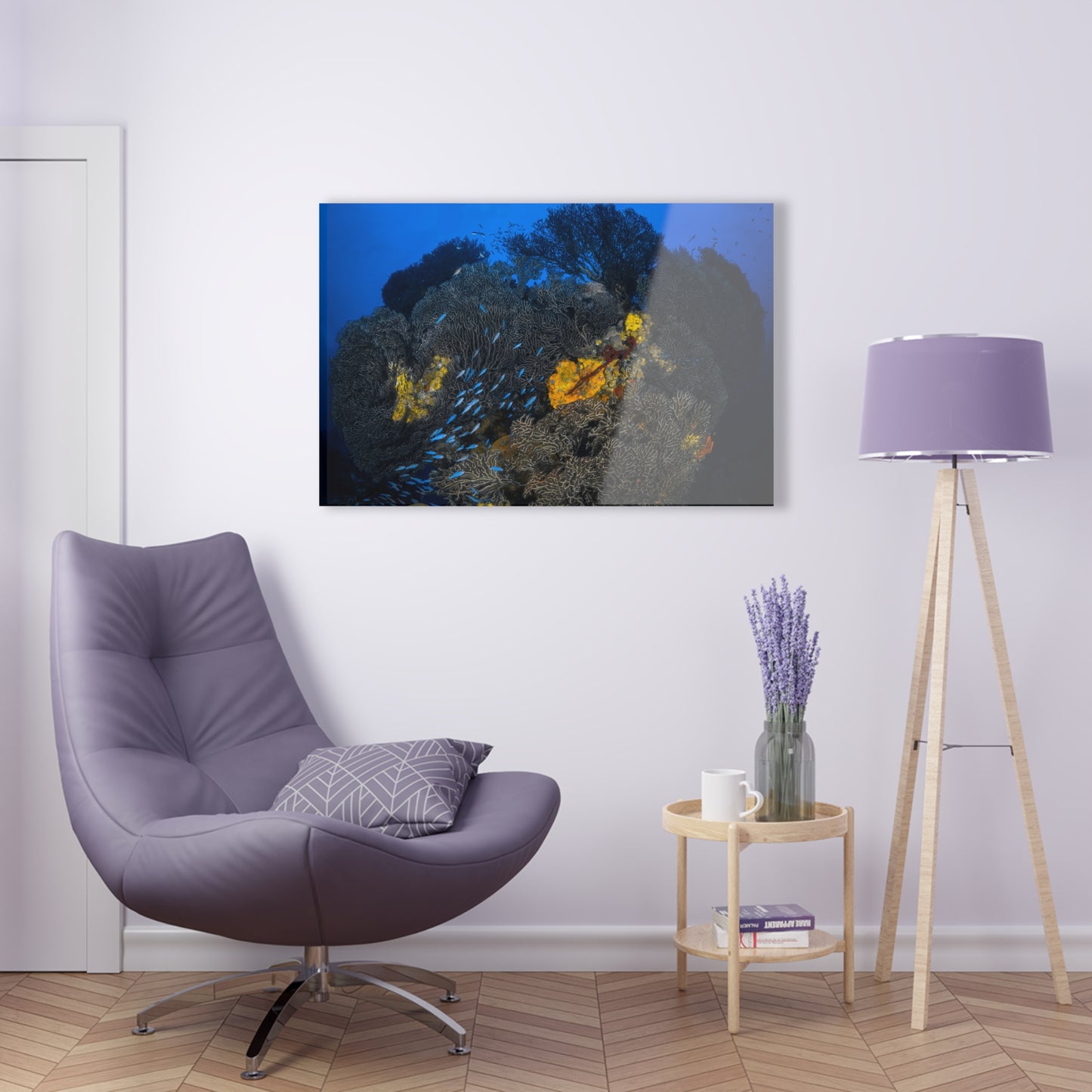 Acrylic Wall Art - Schooling Fish Flow Across a Massive Coral Head