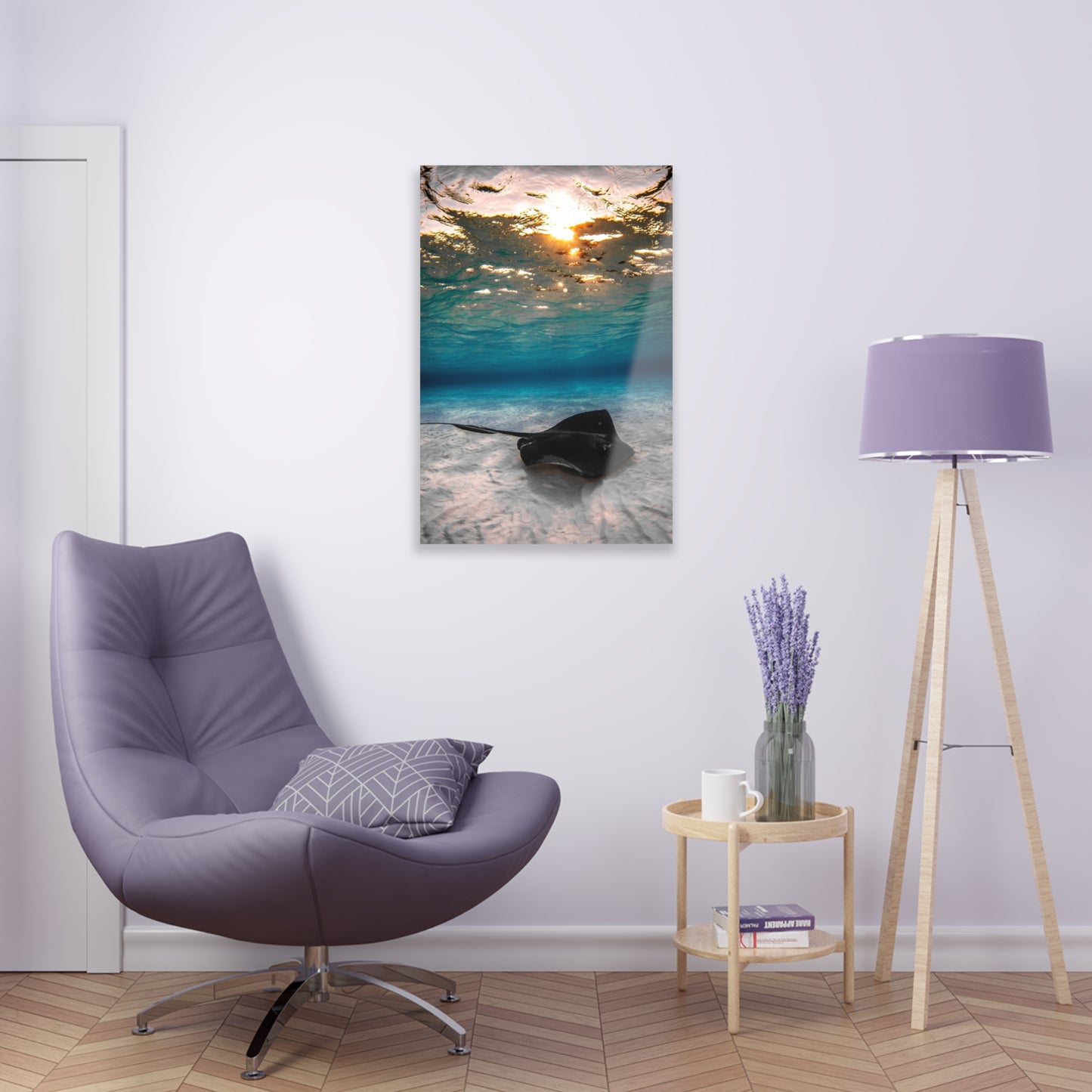 Acrylic Wall Art - A Southern Atlantic Stingray Swimming A Sunrise - Grand Cayman