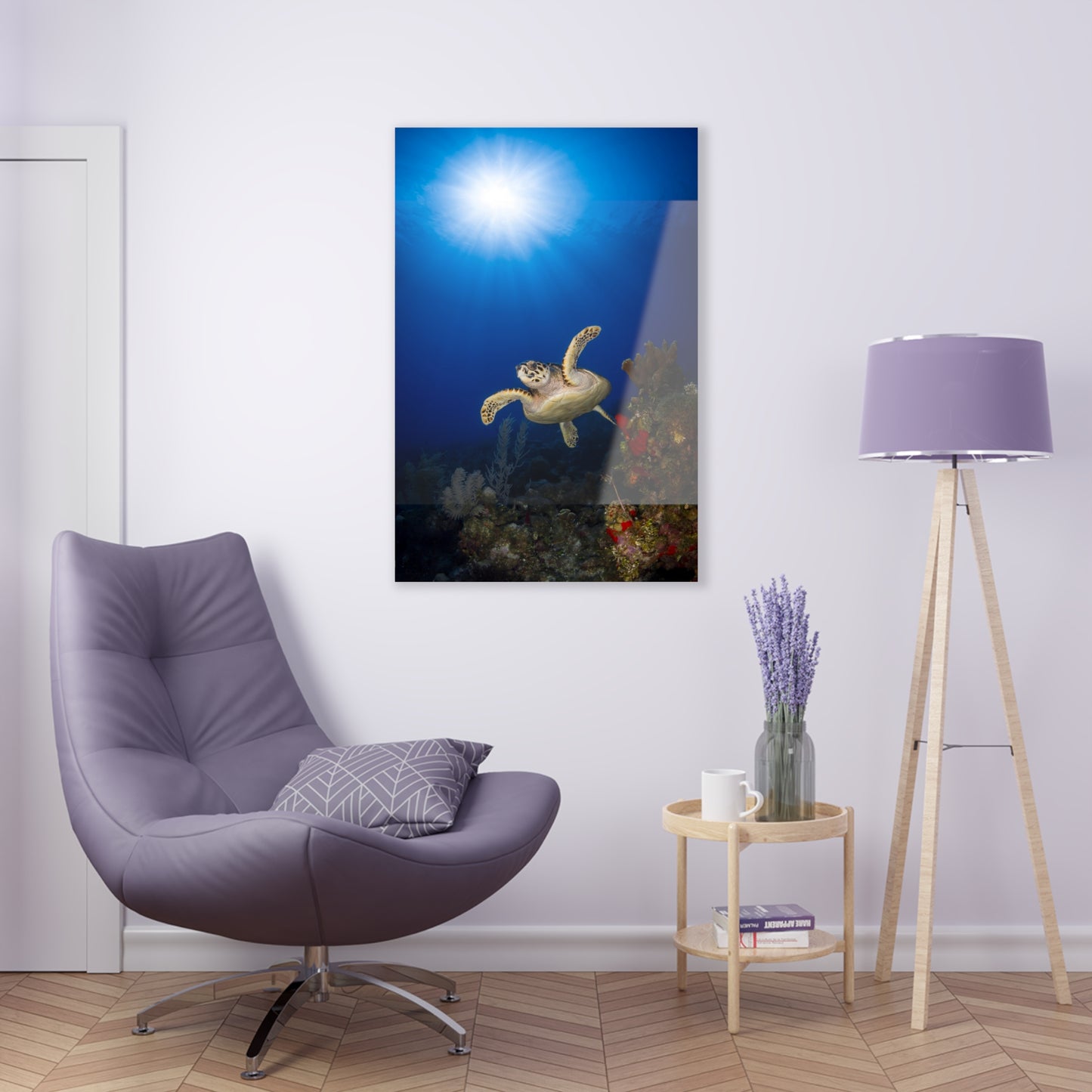 Acrylic Wall Art - Hawksbill Turtle Swims Along The Coral Reef With Ample Sunshine Above - Grand Cayman