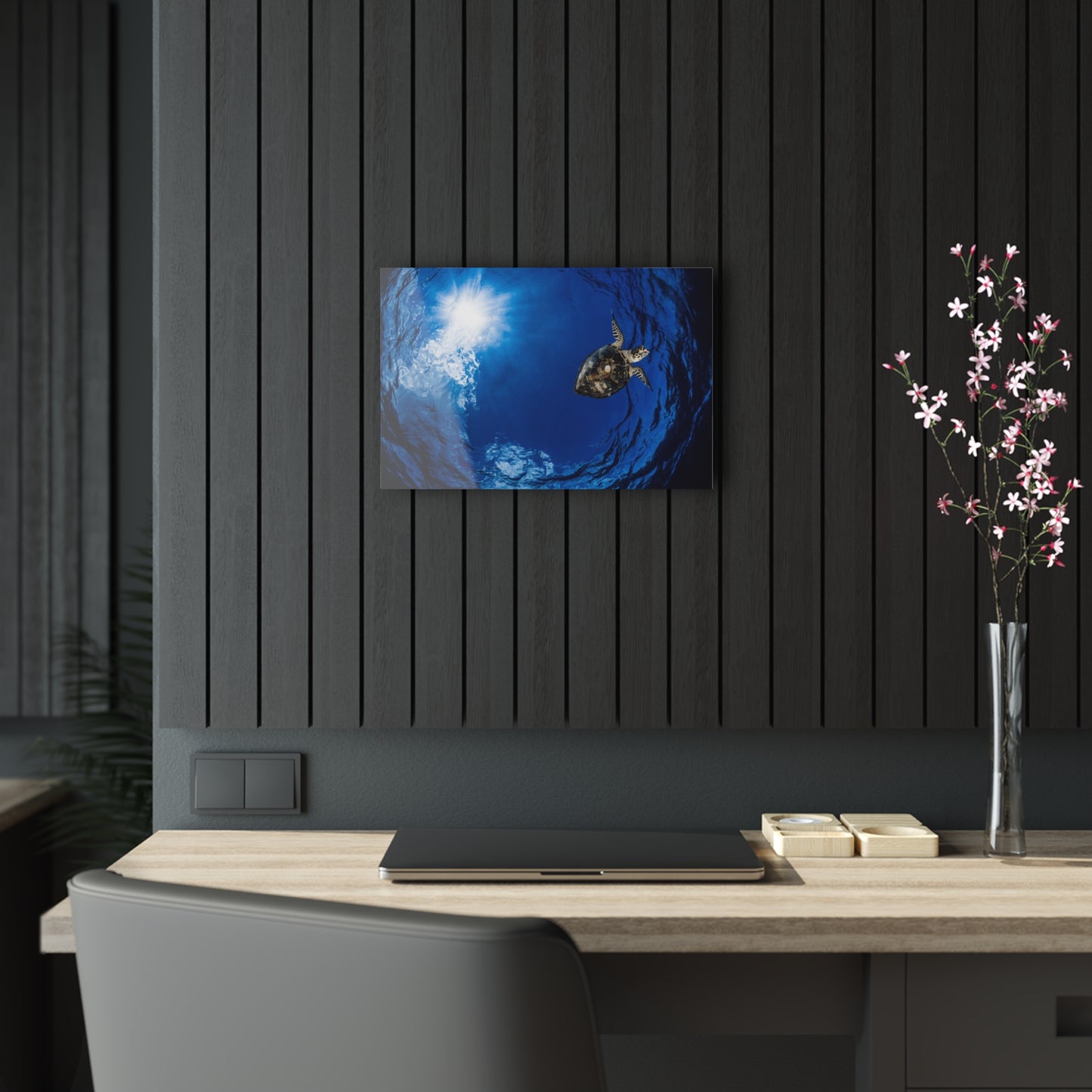Acrylic Wall Art - Hawksbill Turtle In The Sky Blue Ocean - Grand Cayman